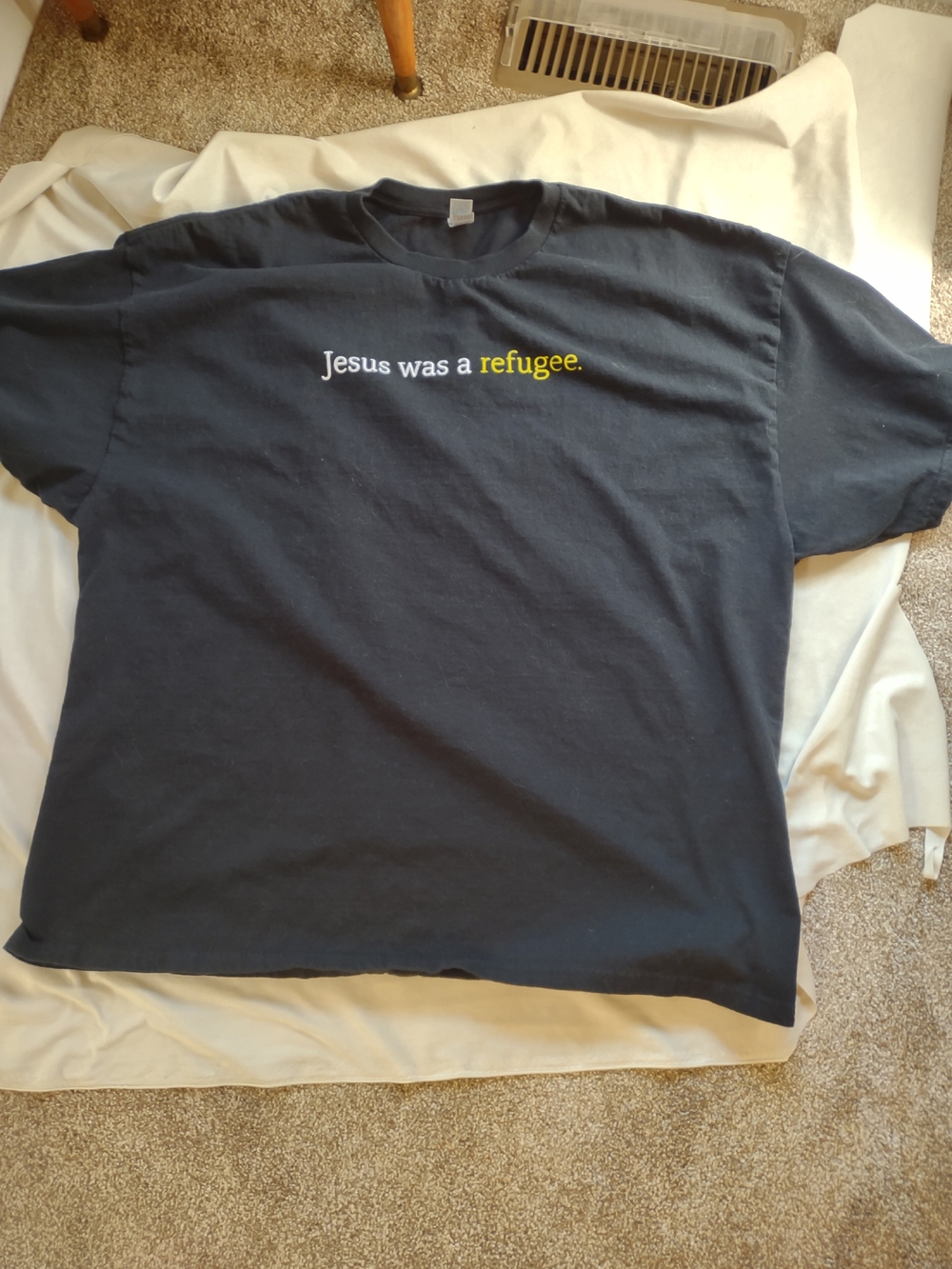 Gildan Navy Short-Sleeve Graphic Tee with White and Yellow Text